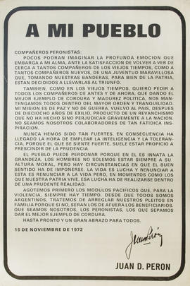 Afiche político con reproducción de comunicado de Juan Domingo Perón &quot;A mi pueblo&quot;