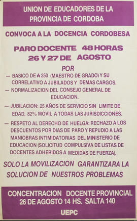 Afiche político de convocatoria de la Unión de Educadores de la Provincia de Córdoba &quot;Paro docente 48 horas&quot;