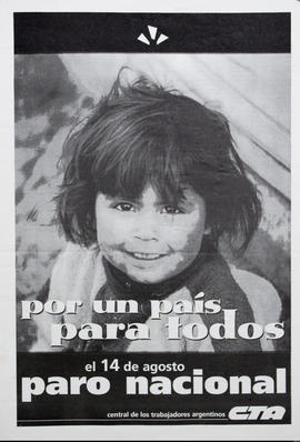 Afiche político de convocatoria de la Central de Trabajadores de la Argentina &quot;Por un país para todos : el 14 de agosto : paro nacional&quot;