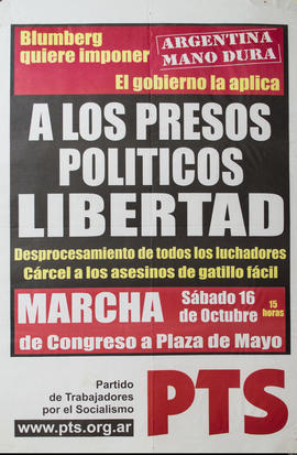 Afiche de convocatoria del Partido de Trabajadores por el Socialismo &quot;A los presos políticos...