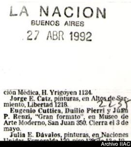 Aviso de exposición del diario La Nación titulado &quot;Eugenio Cuttica, Duilio Pierri y Juan P. ...