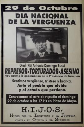 Afiche político de convocatoria de Hijos por la Identidad y la Justicia contra el Olvido y el Sil...