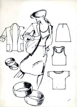 Boceto para pieza gráfica [figura humana femenina, prendas de vestir y accesorios]