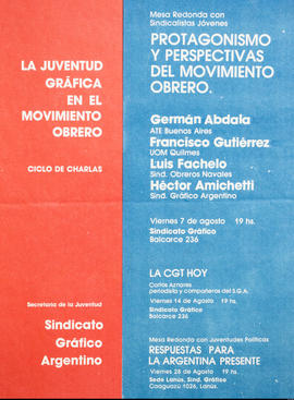 Afiche político de convocatoria del Sindicato Gráfico Argentino &quot;La juventud gráfica en el M...