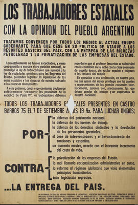 Afiche político de convocatoria de la Asociación de Trabajadores del Estado &quot;Los trabajadores estatales con la opinión del pueblo argentino&quot;