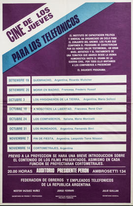 Afiche promocional de la Federación de Obreros y Empleados Telefónicos de la República Argentina &quot;Cine de los jueves para los telefónicos&quot;