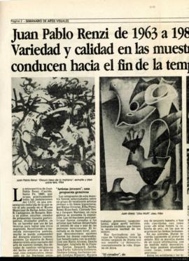 Reseña de Albino Diéguez Videla titulada &quot;Juan Pablo Renzi de 1963 a 1984. Variedad y calidad en las muestras que conducen hacia el fin de la temporada&quot;