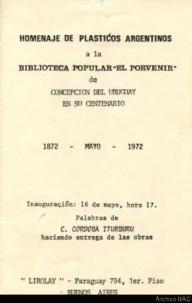 Folleto de la exposición &quot;Homenaje de plásticos argentinos a la Biblioteca Popular «El Porvenir» de Concepción del Uruguay en su centenario (1872-1972)&quot;