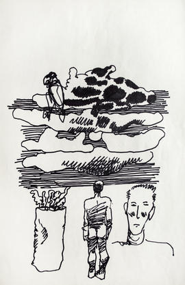Boceto  [hombre de espalda, rostro, maceta y nubes]