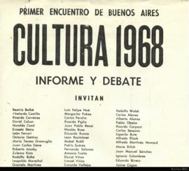Afiche promocional del &quot;Primer encuentro de Buenos Aires cultura 1968: informe y debate&quot; realizado en la S.A.A.P.