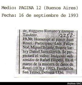 Aviso de exposición del diario Página 12 titulado &quot;Homenaje al pintor Juan Renzi&quot; (copia)