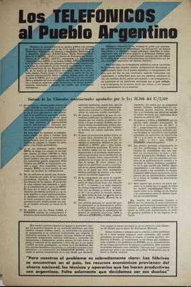 Afiche de la Federación de Obreros y Empleados Telefónicos de la República Argentina “Los telefónicos al pueblo argentino&quot;