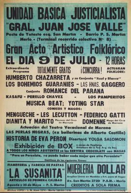Afiche político de convocatoria de Unidad Básica Justicialista Gral. Juan José Valle &quot;Gran Acto Artístico Folklórico&quot;