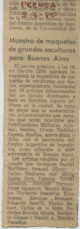 Reseña del diario [La Prensa] &quot;Muestra de maquetas de grandes escultoras para Buenos Aires&quot;