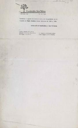 Invitación a la inauguración de la exposición de Pablo Suárez &quot;Obras Recientes de 1985 a 198...