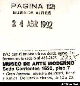 Aviso de exposición del diario Página 12 titulado &quot;Museo de Arte Moderno&quot; (copia)