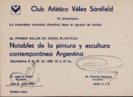 Invitación al Primer Salón de Artes Plásticas &quot;Notables de la pintura y la escultura contemporánea Argentina&quot; organizado por el Club Atlético Vélez Sársfield
