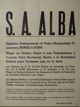 Afiche político de los Trabajadores de &quot;S. A. Alba&quot;
