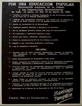 Afiche político estudiantil del Frente Amplio Estudiantil Santiago Pampillón &quot;Por una educación popular&quot;