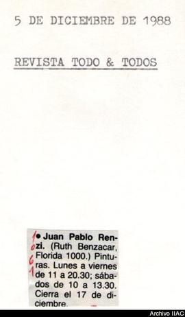 Aviso de exposición de la revista Todo y Todos titulado &quot;Juan Pablo Renzi&quot;