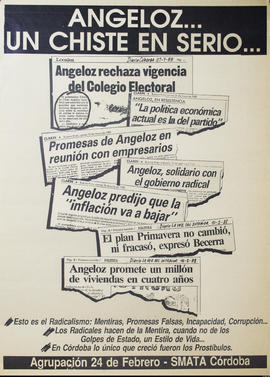 Afiche político de la Agrupación 24 de Febrero. SMATA Córdoba &quot;Angeloz...un chiste en serio...&quot;