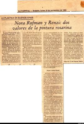 Reseña de Olga Rodríguez de Pareja Núñez titulada &quot;Nora Rofman y Renzi, dos valores de la pi...