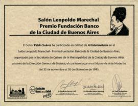 Certificado de participación de Pablo Suárez como Artista Invitado en el &quot;Salón Leopoldo Marechal - Premio Fundación Banco de la Ciudad de Buenos Aires&quot;