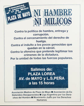 Afiche político de convocatoria de la Asociación Madres de Plaza de Mayo &quot;Ni hambre ni milicos&quot;