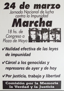 Afiche de convocatoria de la Comisión por la Memoria, la Verdad y la Justicia &quot;Jornada Nacional de lucha contra la Impunidad&quot;
