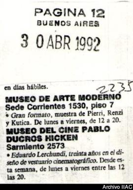 Aviso de exposición del diario Página 12 titulado &quot;Museo de Arte Moderno&quot; (copia)