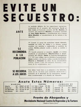 Afiche informativo del Movimiento Nacional Contra la represión y la Tortura &quot;Evite un secuestro...&quot;