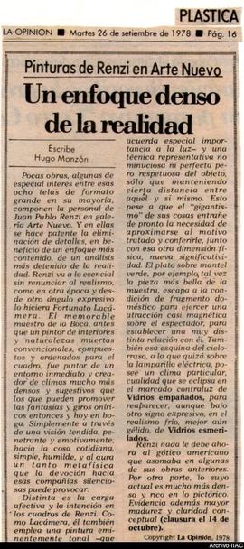 Reseña de Hugo Monzón titulada &quot;Un enfoque denso de la realidad: pinturas de Renzi en Arte N...