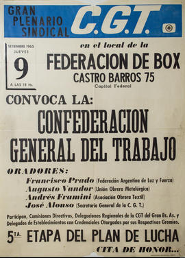 Afiche político de convocatoria de la Confederación General del Trabajo &quot;Gran plenario sindi...