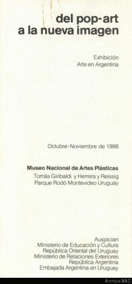 Folleto de la exhibición &quot;Del pop-art a la nueva imagen&quot; realizada en el Museo Nacional de Artes Plásticas de Montevideo