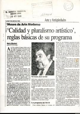 Artículo periodístico de Mario Gilardoni titulado &quot;Calidad y pluralismo artístico, reglas básicas de su programa: Museo de Arte Moderno&quot; (copia)
