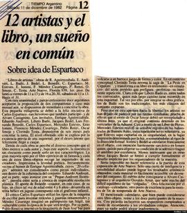 Reseña del diario Tiempo Argentino titulada &quot;12 artistas y el libro, un sueño en común: sobre idea de Espartaco&quot;