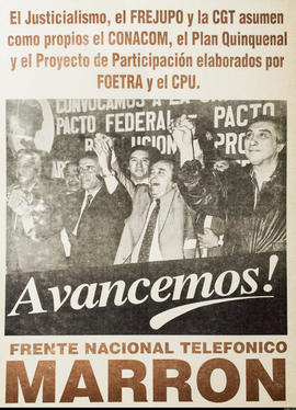 Afiche de campaña electoral del Frente Nacional Telefónico. Lista Marrón &quot;Avancemos!&quot;