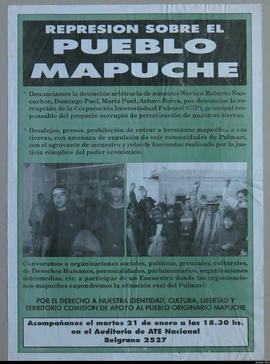 Afiche político de convocatoria de la Comisión de apoyo al pueblo originario Mapuche &quot;Represión sobre pueblo Mapuche&quot;