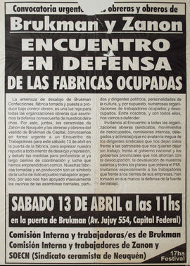 Afiche político de convocatoria de la Comisión Interna de Trabajadores de Zanon &quot;Encuentro en defensa de las fábricas ocupadas&quot;