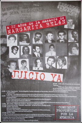 Afiche de convocatoria de la Comisión Provincial por la Memoria. Chaco &quot;A 32 años de la masacre Margarita Belén : juicio ya&quot;