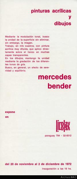 Folleto de la exposición &quot;Mercedes Bender: pinturas acrílicas y dibujos&quot;
