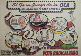 Afiche de campaña electoral de Militantes de la Franja Morada de los Barrios y Trabajadores agremiados del Radicalismo &quot;El Gran Juego de la Oca : un juego donde todos pierden&quot;