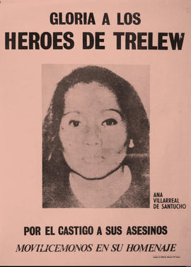 Afiche político de convocatoria del Partido Revolucionario de los Trabajadores &quot;Gloria a los héroes de Trelew. Por el castigo a los asesinos&quot;