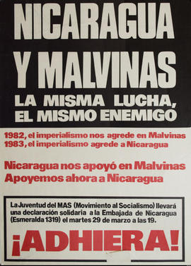 Afiche de la Juventud Socialista MAS &quot;Nicaragua y Malvinas. La misma lucha, el mismo enemigo&quot;