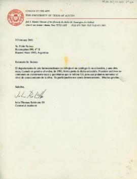 Carta de John Thomas Robinette, asistente curatorial del College of Fine Arts of The University of Texas at Austin, a Pablo Suárez