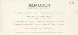 Invitación a la inauguración de la exposición &quot;Homenaje a Alfredo Hlito de sus amigos&quot; realizada en la Galería Julia Lublin