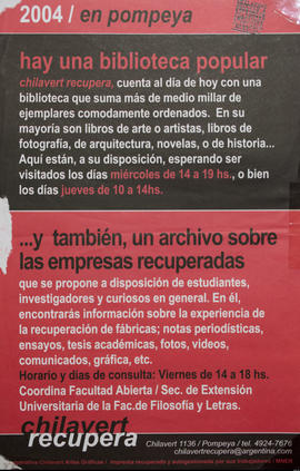 Afiche promocional de la Cooperativa Chilavert Artes Gráficas &quot;2004 / en Pompeya hay una bib...