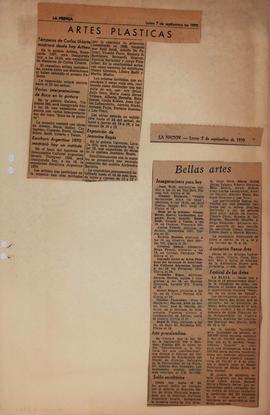 Aviso de exposición del diario La Prensa &quot;Escultura Argentina 1970 mostrará hoy un instituto&quot; y aviso de exposición del diario La Nación &quot;Salón escultórico&quot;