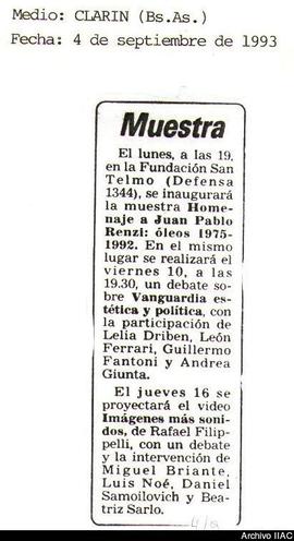 Aviso de exposición del diario Clarín [Homenaje a Juan Pablo Renzi: óleos 1976-1992]
