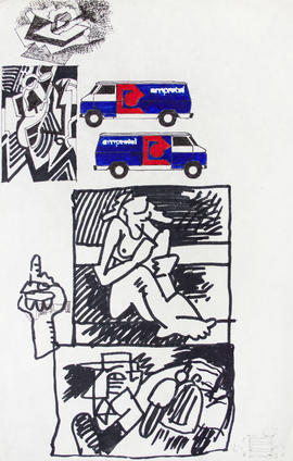Boceto  [composiciones con figuras humanas y aplicación de logo de Emprotel en vehículos]